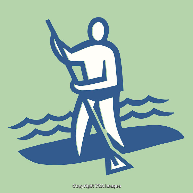 Blue Line Art of a Person Paddleboarding on a Calm Water Surface