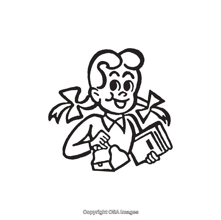 Black And White Illustration of a Schoolgirl Carrying Books and a Milk Carton