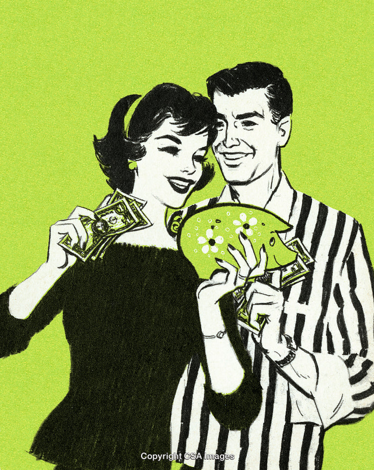 Happy Couple Counting Money With a Piggy Bank on Green Background