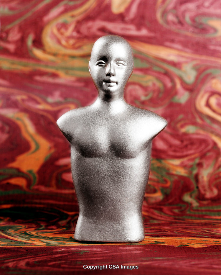 Silver Bust Sculpture Against Colorful Abstract Background