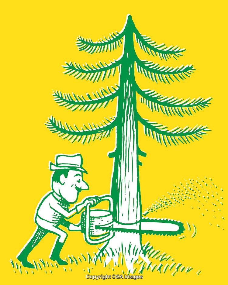 Man Cutting Tree with Chainsaw in Vintage Line Art Style