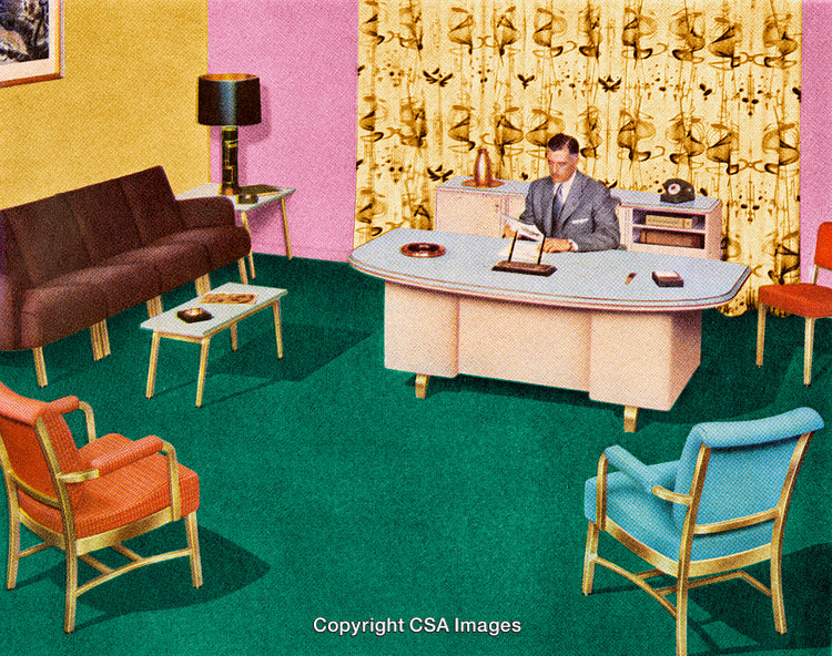 Vintage Office Interior with Mid-Century Modern Furniture and Decor Elements