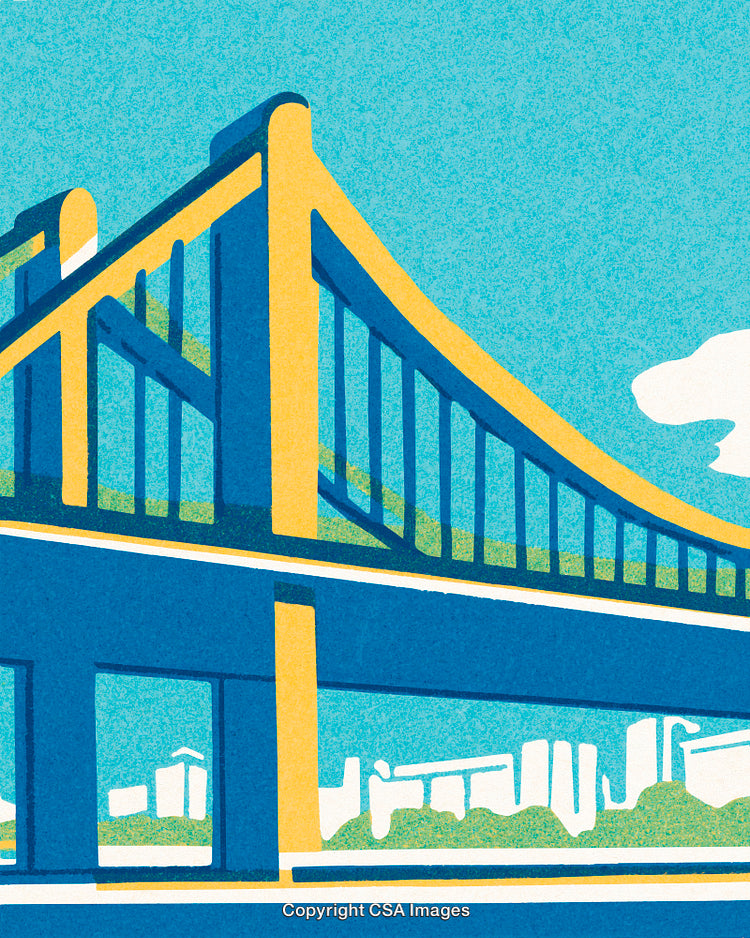 Stylized Blue and Yellow Suspension Bridge Contemporary Artwork
