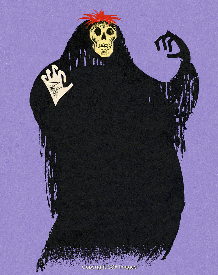 Illustration of a Grim Reaper Figure with Colorful Details on a Purple Background