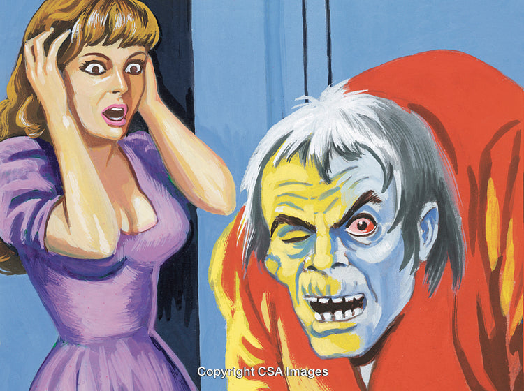Frightened Woman and Grotesque Creature in Colorful Painting Depicting Horror Scene
