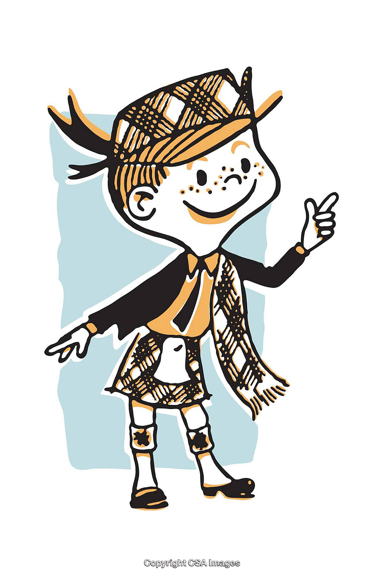 Cheerful Cartoon Boy in Colorful Traditional Scottish Attire Illustration