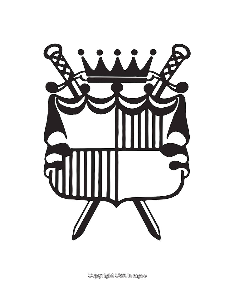 Black and White Heraldic Shield with Swords and Crown Illustration