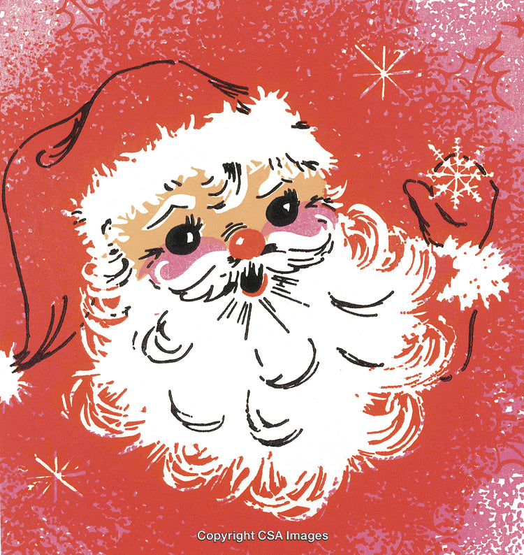 Vintage Santa Illustration on Red Background with Whimsical Holiday Details
