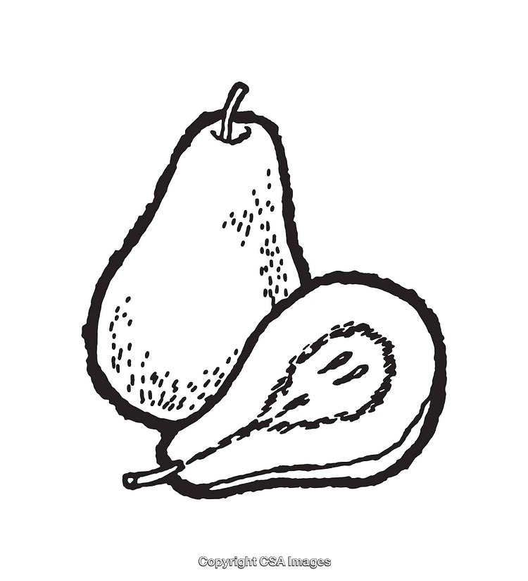 Black and White Line Art Illustration of Two Pears, Whole and Halved