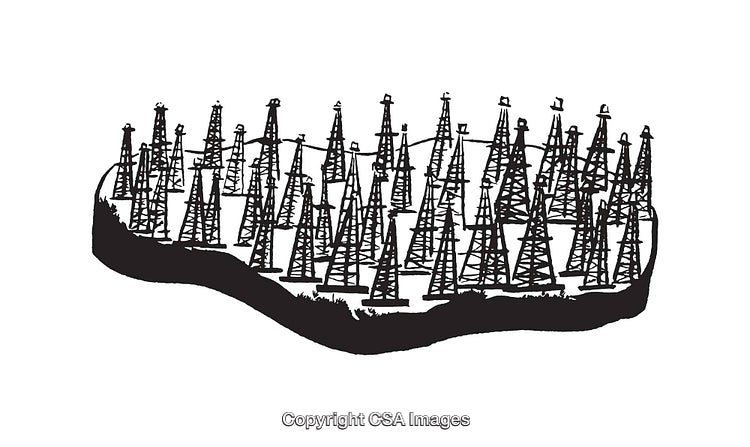 Black And White Illustration of Numerous Oil Rigs On A Hill