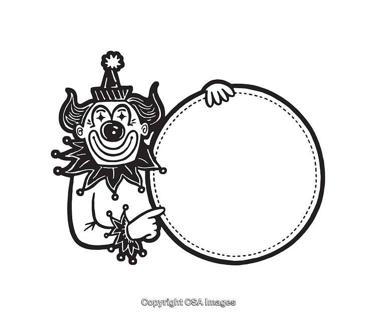 Black and White Clown Illustration Holding a Circular Message Board