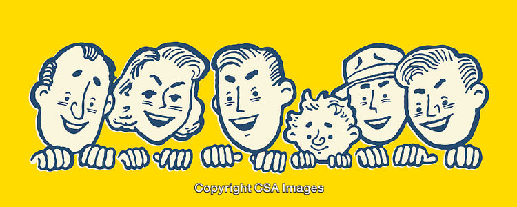 Colorful Retro Inspired Line Art of Smiling Characters on Yellow Background