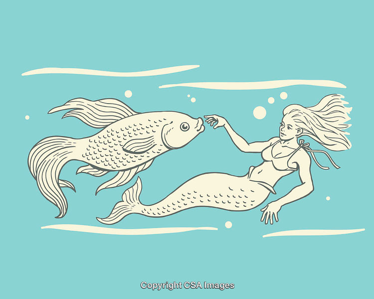 Mermaid and Fish Swimming Illustration on a Blue Background
