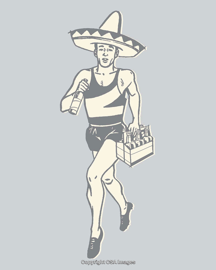 Illustration of a Man Running with Beverages in a Traditional Hat
