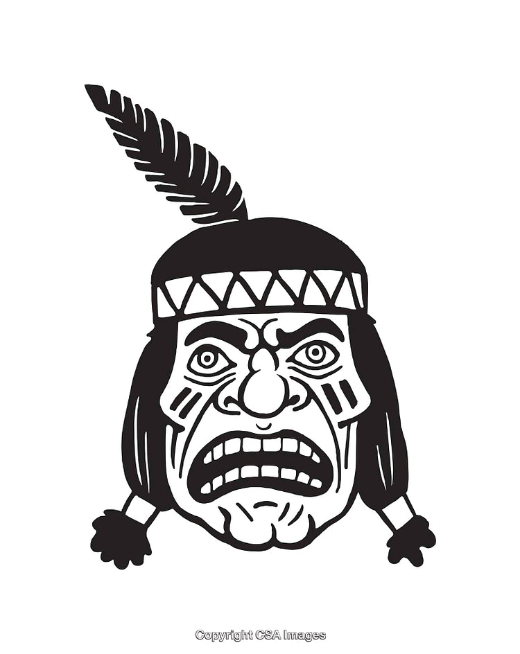 Black and White Line Drawing of Tribal Face with Feathered Headgear