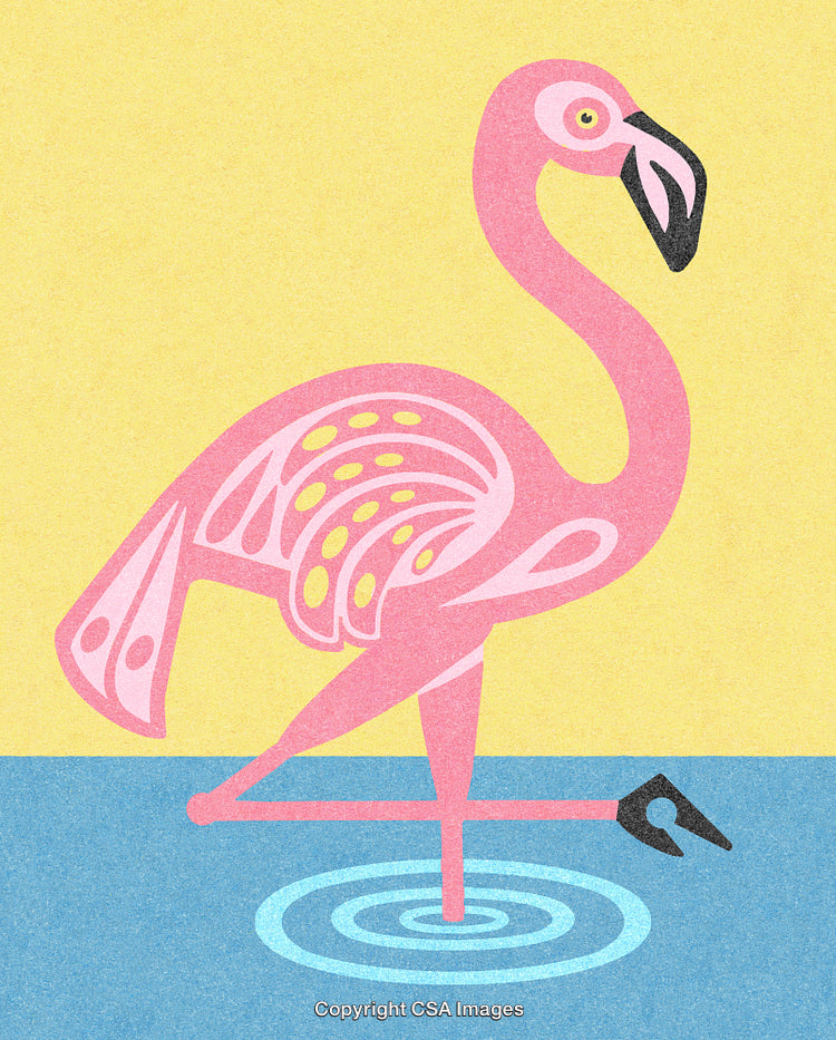 Stylized Abstract Flamingo Illustration with Vibrant Colors on Pastel Background