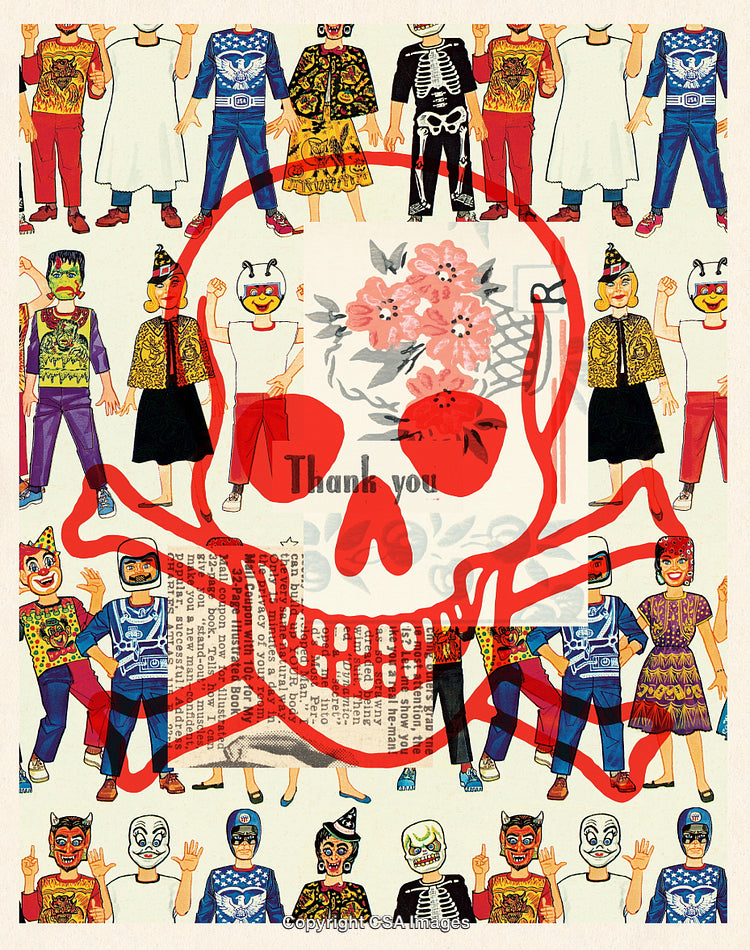 Vintage Collage of Halloween Costumes With Artistic Skull Overlay