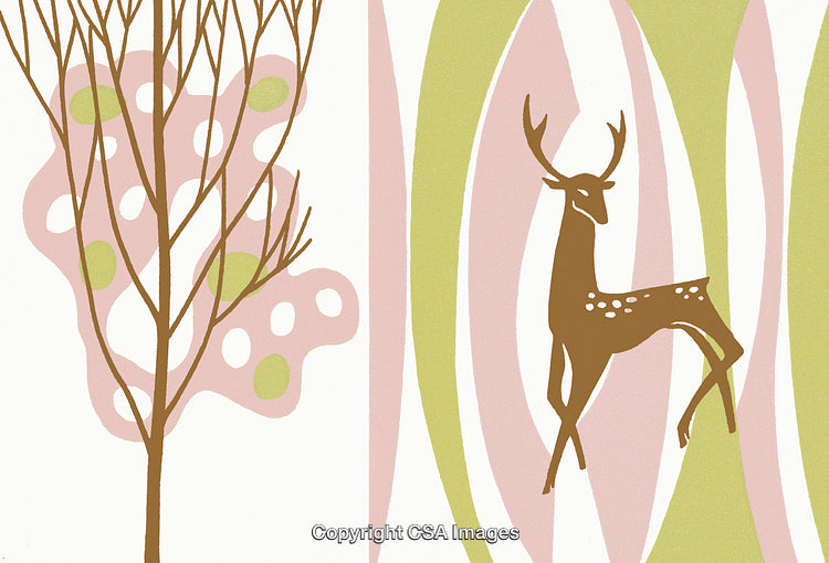 Abstract Deer and Tree Illustration with Soft Pastel Tones and Patterns