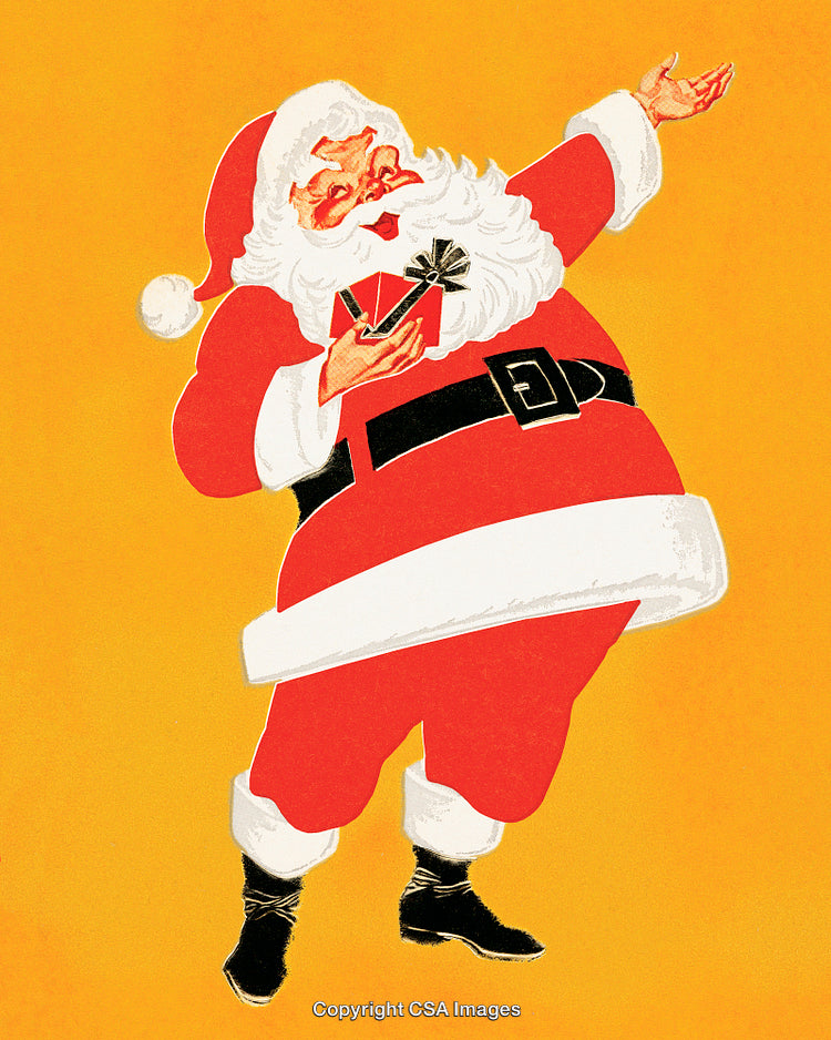 Festive Santa Claus Holding a Gift on a Bright Yellow Background