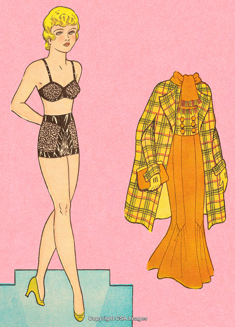 Vintage Paper Doll Illustration with Stylish Outfit and Classic Design