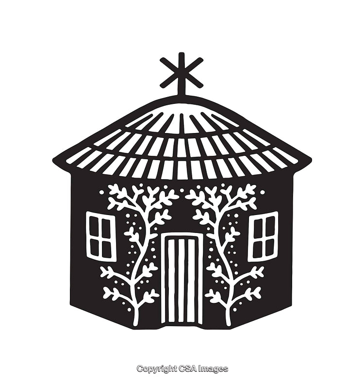 Traditional Hut with Decorative Plants in Black and White Line Art
