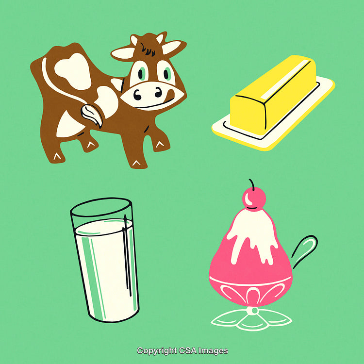 Illustration of Dairy Products Including Milk, Butter, Ice Cream, and a Cow