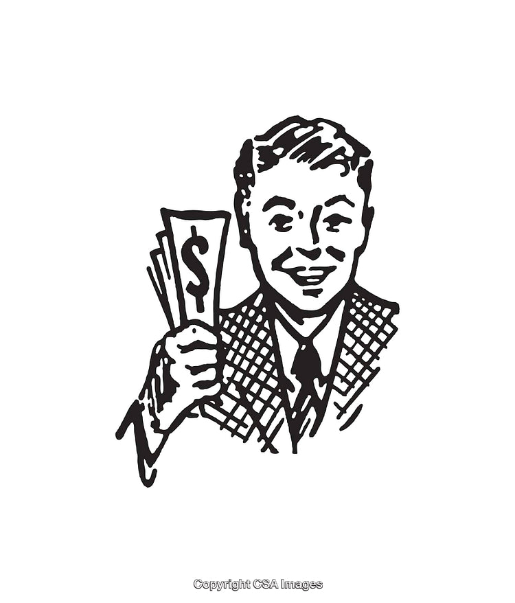 Vintage Line Art Illustration of a Smiling Man Holding Money