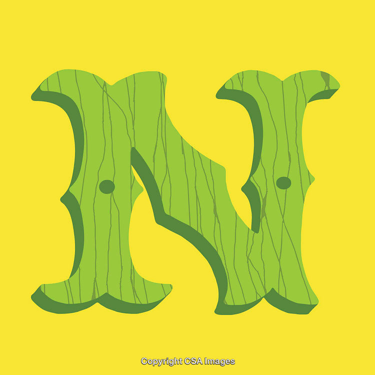 Decorative Letter N with Wood Texture on Bright Yellow Background