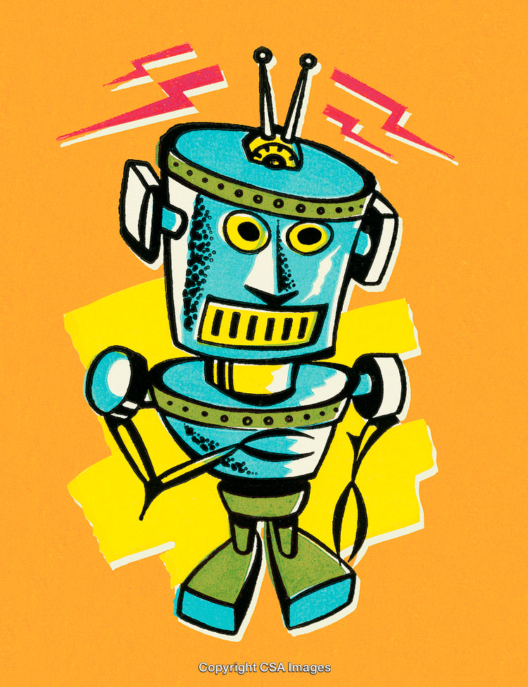 Colorful Robot Illustration with Retro Futuristic Design on Orange Background