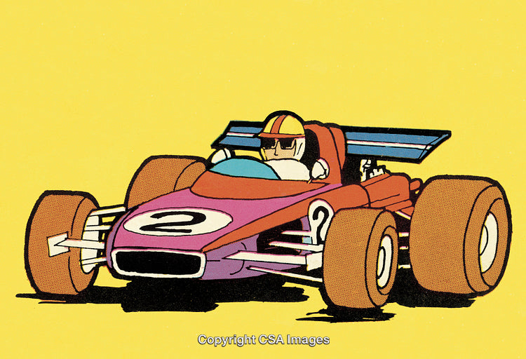 Cartoon Style Race Car Driven by Racer on Bright Background