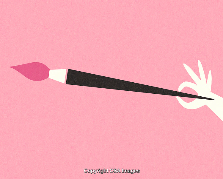 Minimalist Illustration of a Hand Holding an Artistic Paintbrush on a Pink Background