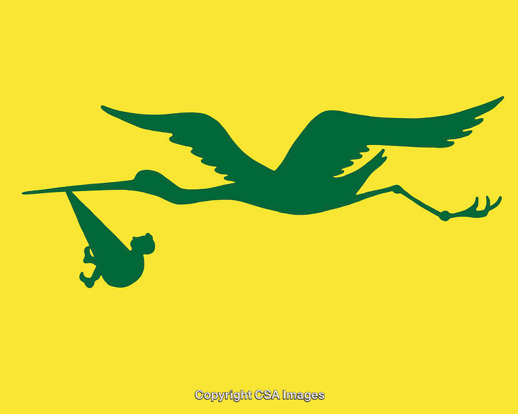 Silhouette of a Stork Carrying a Baby on a Yellow Background