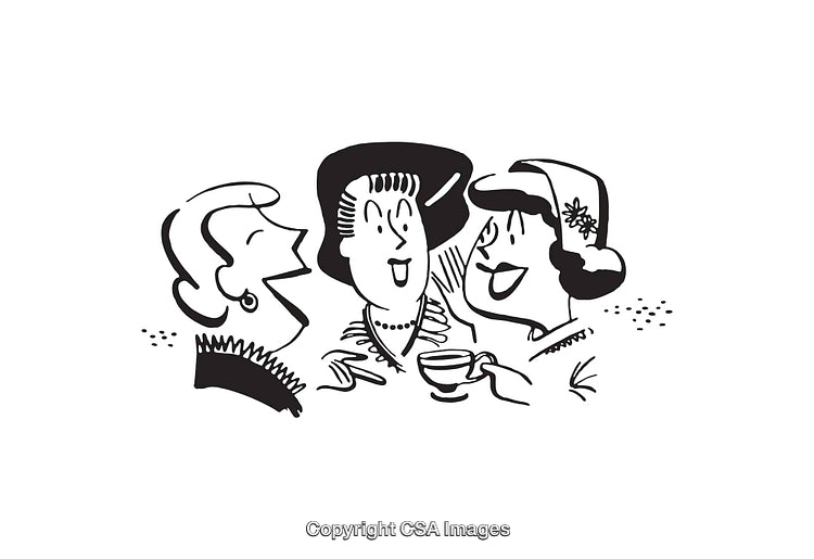Retro Black and White Illustration of Women Socializing and Enjoying Tea