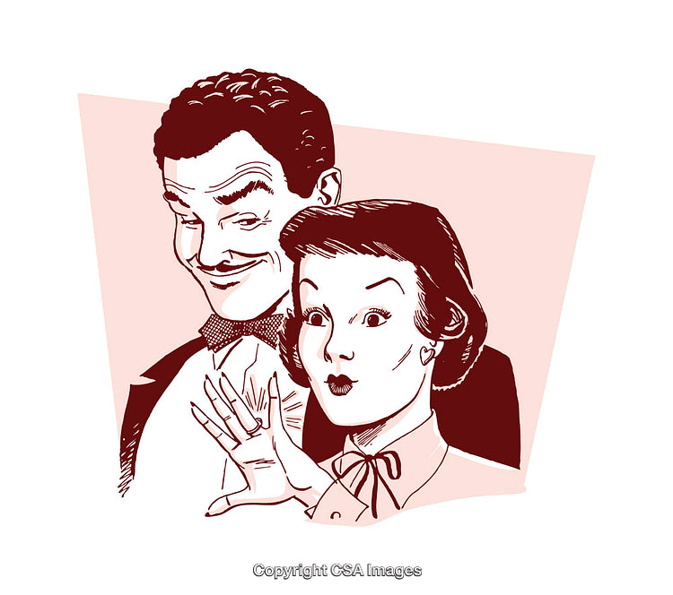 Retro Illustration of Couple Displaying Ring With Excited Expressions