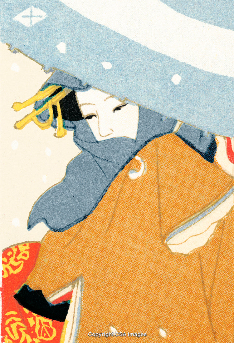 Traditional Japanese Art Depicting a Woman in Winter Attire