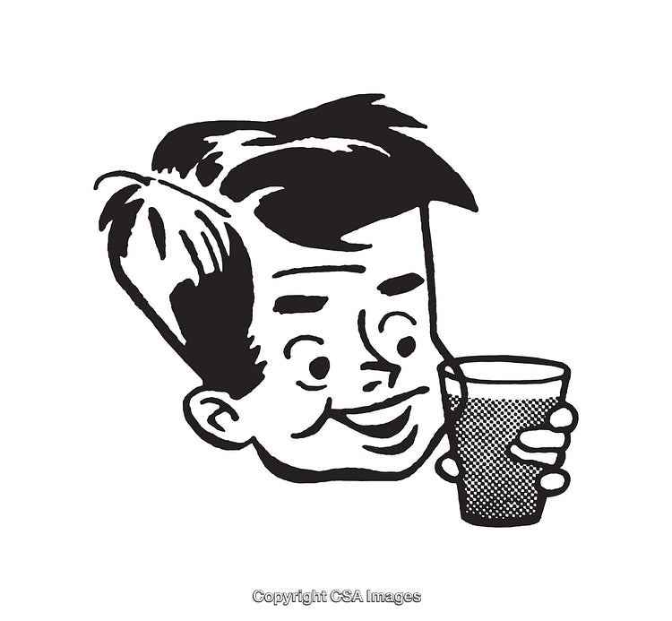 Retro Black And White Illustration of Happy Boy Holding a Drink