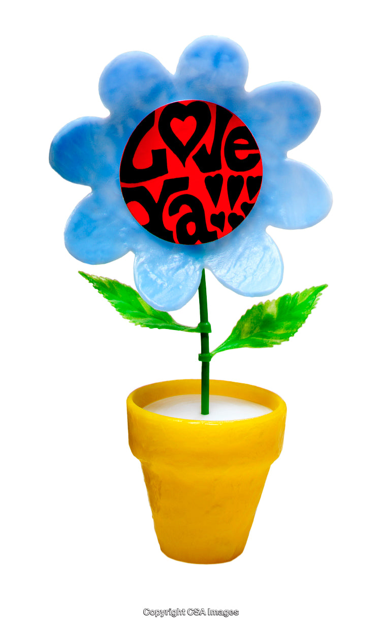 Blue Toy Flower in Yellow Pot with Love-Themed Center Design