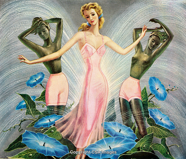 Elegant Woman with Artistic Feminine Figures and Morning Glory Blooms