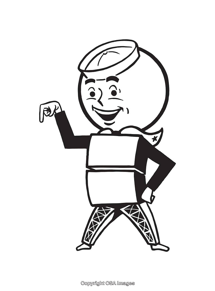 Vintage Black and White Line Art Character with Comic Features