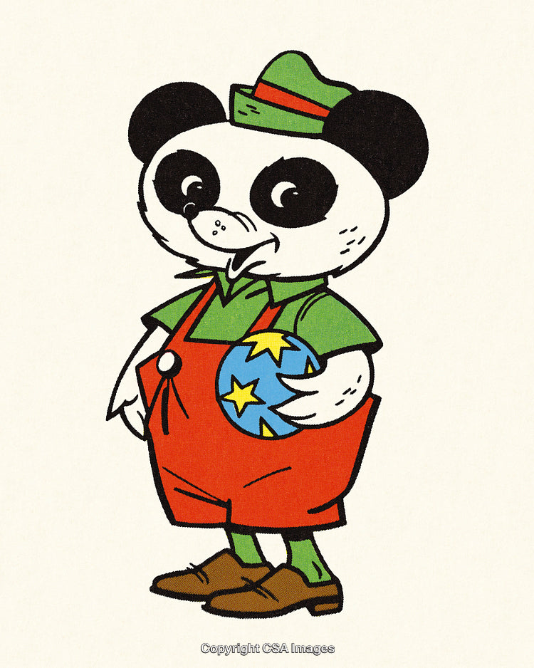 Cute Cartoon Panda in Colorful Outfit Holding a Bright Toy Ball