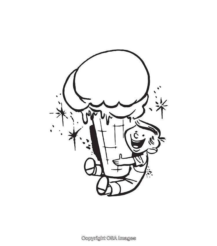 Black and White Line Art of Child Hugging Oversized Ice Cream Cone