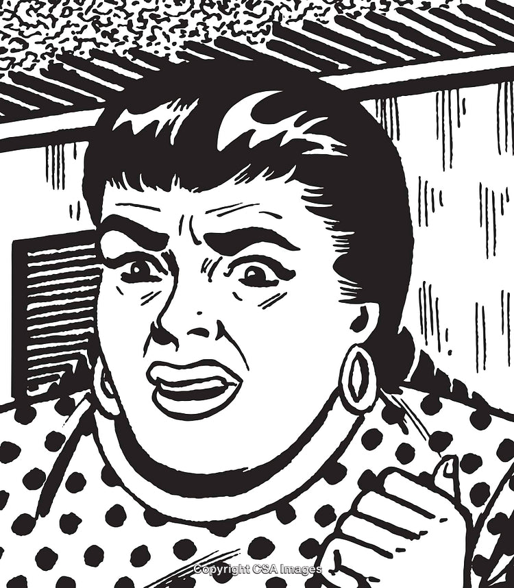 Vintage Black and White Illustration of a Surprised Woman in Polka Dot Clothing