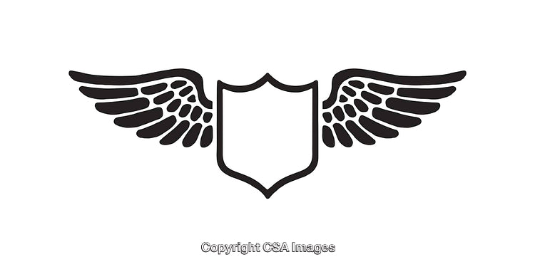 Black and White Shield with Wings Symbolic Line Art Vector