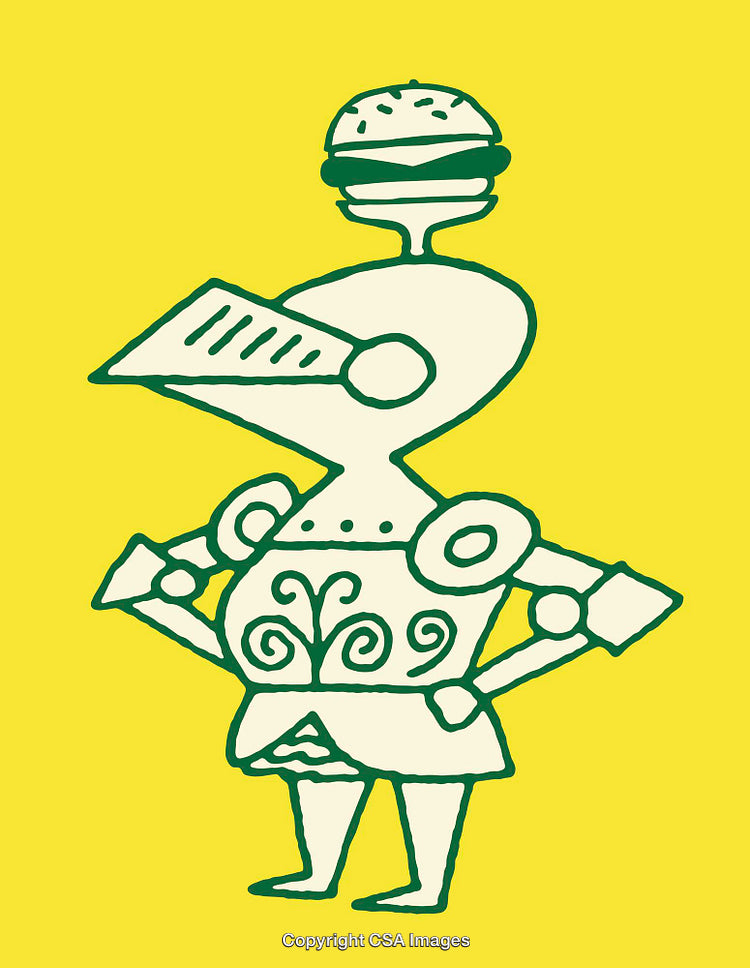 Quirky Knight Cartoon Illustration Featuring a Burger Helmet on Yellow Background