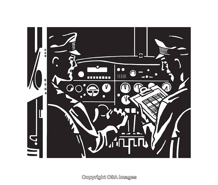 Black and White Illustration of Pilots in a Cockpit