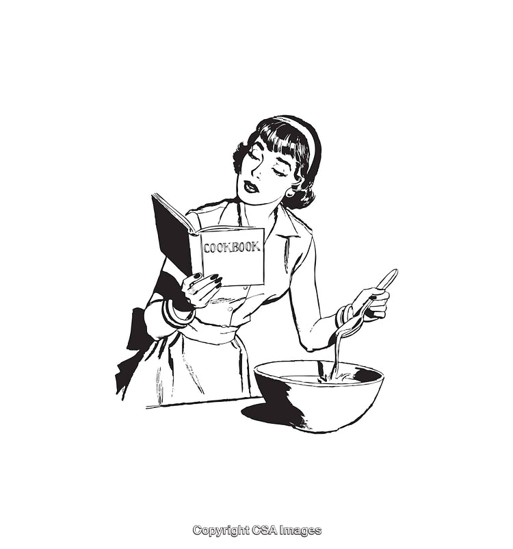 Woman Reading Cookbook While Stirring Ingredients in Bowl Illustration