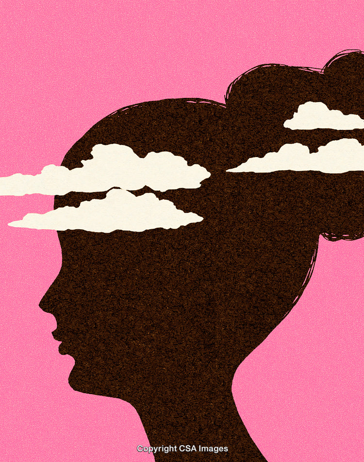Abstract Silhouette of Woman with Creative Cloud Elements on Pink Background
