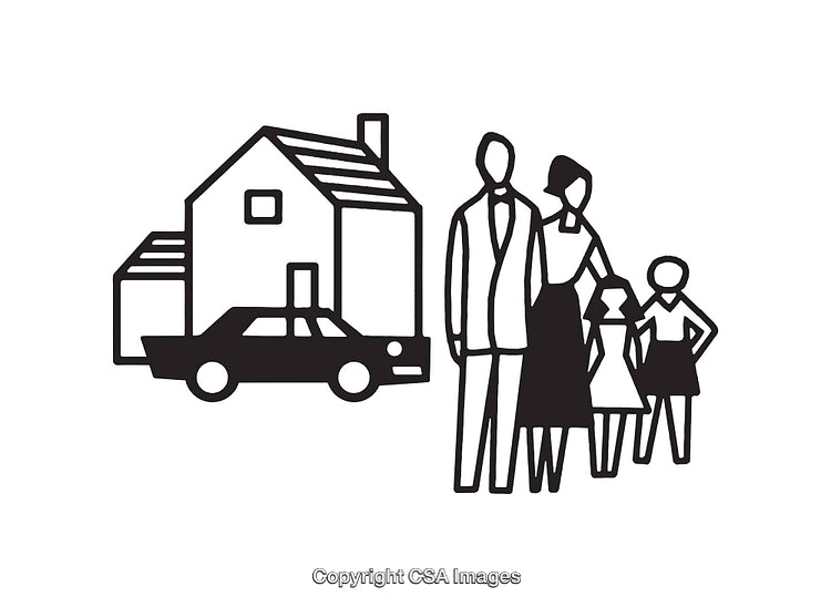 Black And White Line Art Depicting Family, House, and Vehicle Together