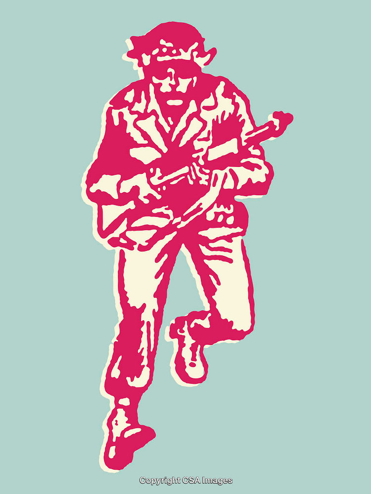 Stylized Soldier Illustration in Bold Red and Blue Tones