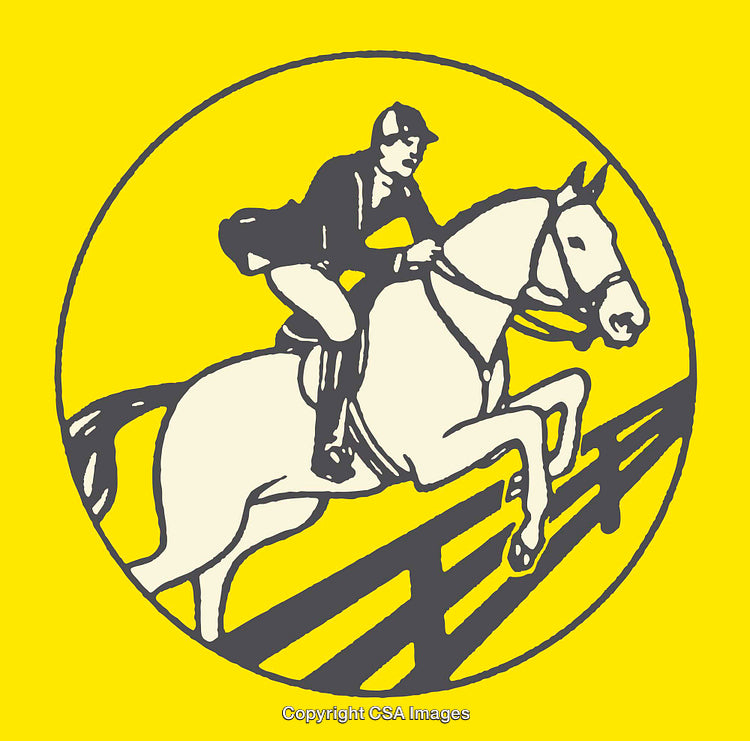 Equestrian Rider Jumping a Fence in Vintage Line Art Style Illustration